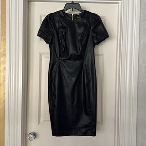 Showstopper Calvin Klein Black Faux Leather Midi Dress Gold Zipper back Size 4